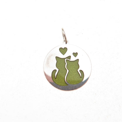 925 Sterling Silver Green Enamel Cat Couple Heart Charm Pendant