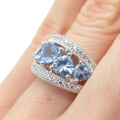 KEY STAR 925 Sterling Silver Heart & Round-Cut Blue White C Z Ring Size 6.25