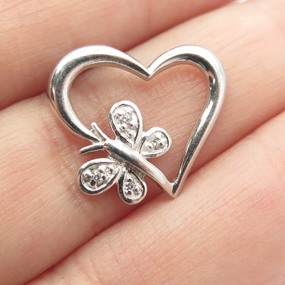 HAN 925 Sterling Silver C Z Butterfly Open Heart Slide Pendant