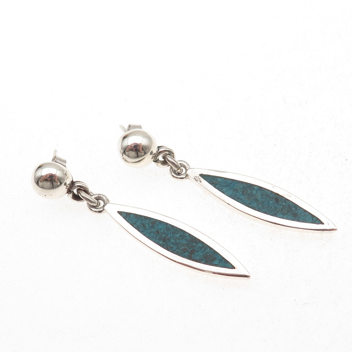 925 Sterling Silver Vintage Mexico Real Turquoise Inlay Dangle Earrings