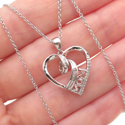 Sun 925 Sterling Silver Real Diamond Mom Heart Cable Chain Necklace 18"