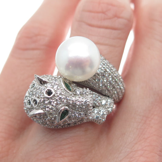 925 Sterling Silver Vintage Pearl Multi-Color C Z Panther Overlap Ring Size 7.25