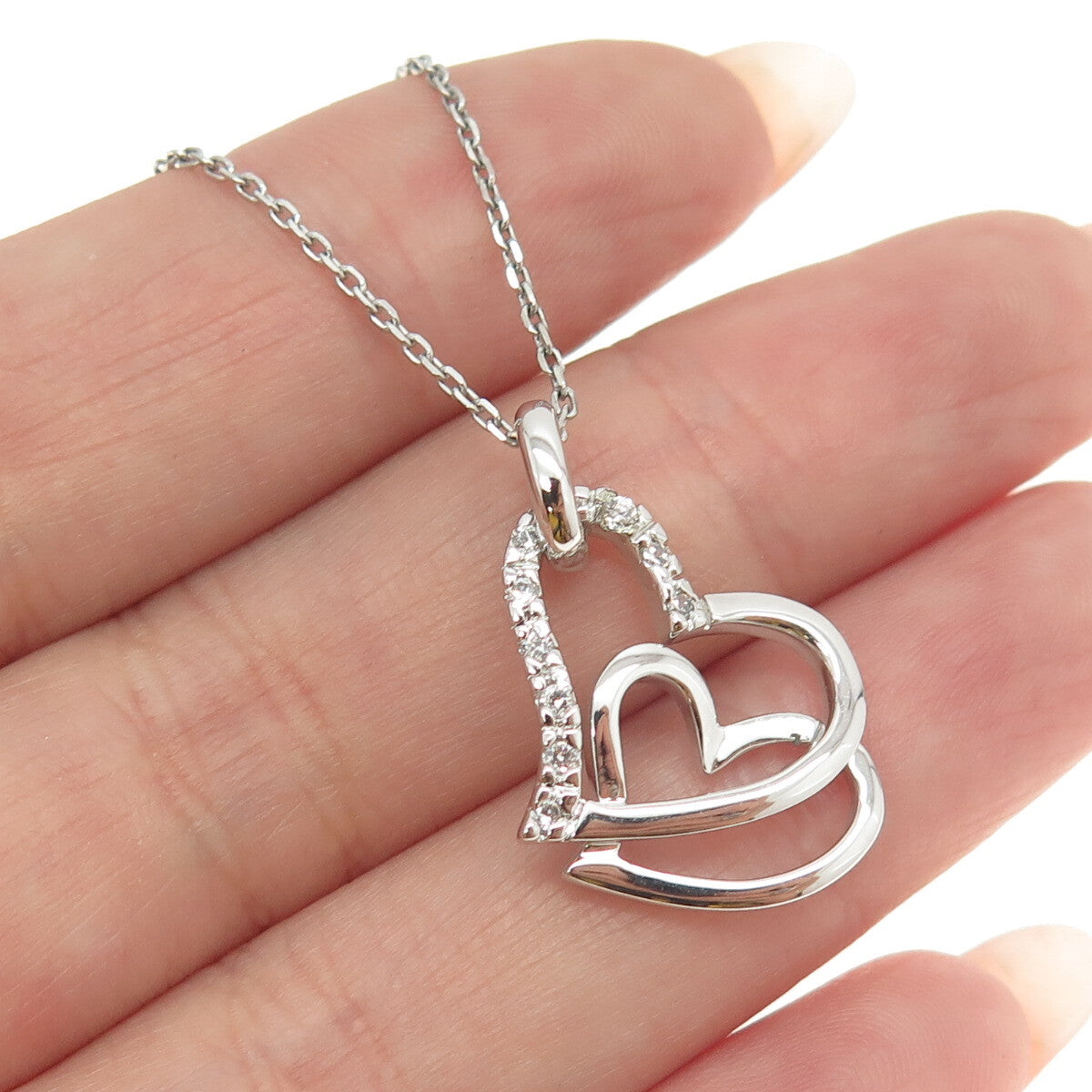 925 Sterling Silver Round-Cut C Z Double Heart Cable Chain Necklace 16"