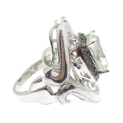 925 Sterling Silver Real Round-Cut Diamond & Green Amethyst Ring Size 7.25