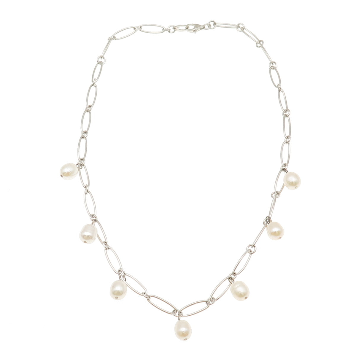 925 Sterling Silver Real Baroque Pearl Oval Chain Necklace 18"