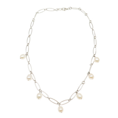 925 Sterling Silver Real Baroque Pearl Oval Chain Necklace 18"