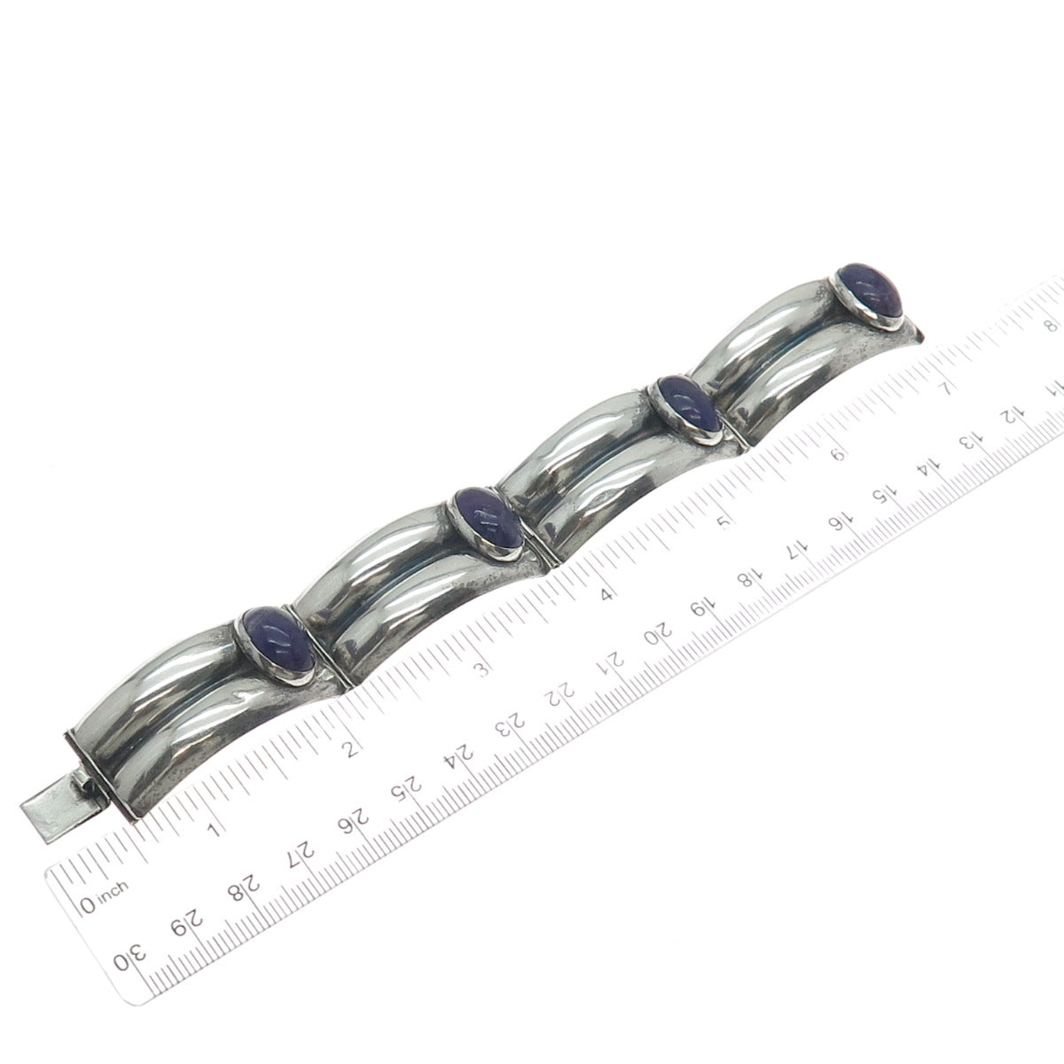 925 Sterling Silver Vintage Mexico Real Amethyst Oxidized Panel Link Bracelet 7"