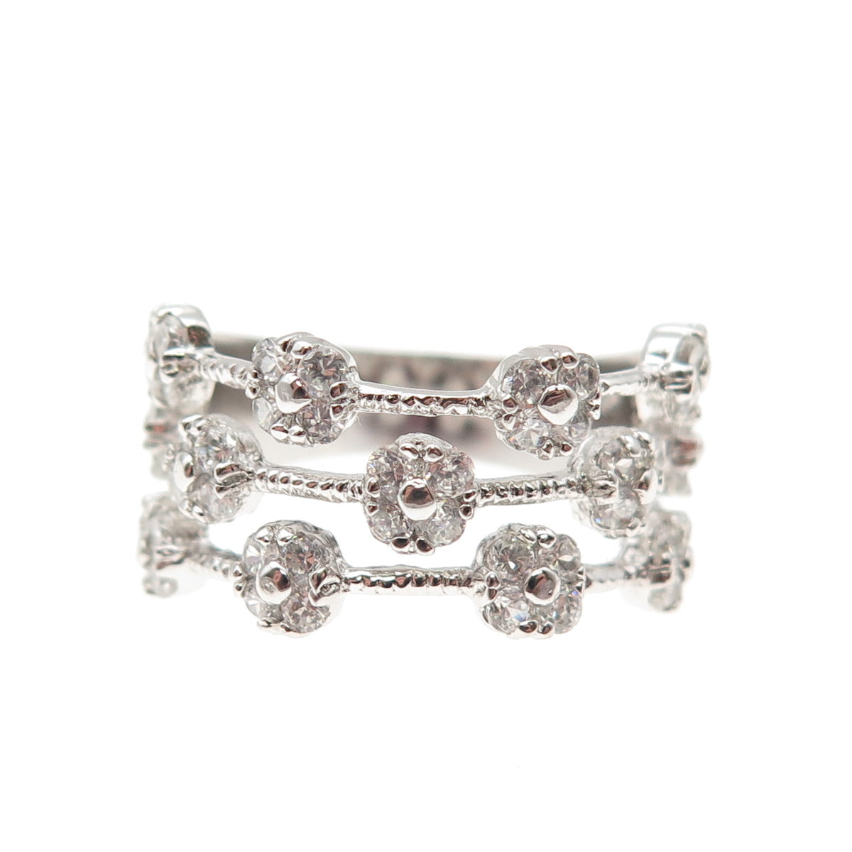 925 Sterling Silver Round-Cut C Z 3-Row Floral Ring Size 7