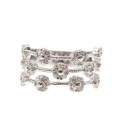 925 Sterling Silver Round-Cut C Z 3-Row Floral Ring Size 7