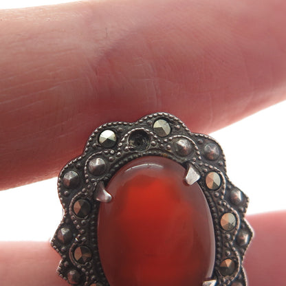 925 Sterling Silver Antique Carnelian Marcasite Ring Size 6.25 (missing 1 stone)