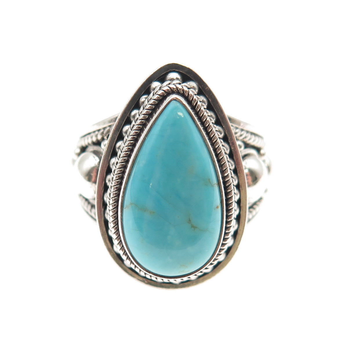 925 Sterling Silver Vintage Real Lone Mountain Turquoise Beaded Ring Size 8.75