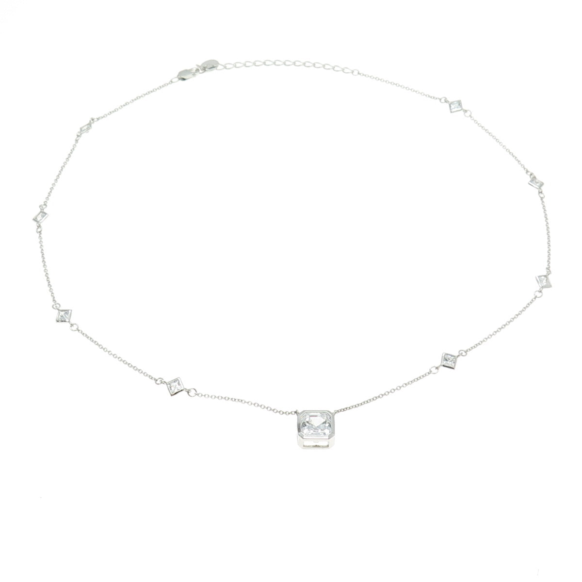 925 Sterling Silver Cushion-Cut Shaped C Z Station Rolo Chain Necklace 16"