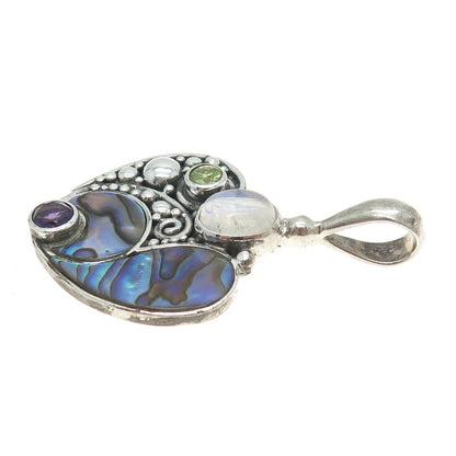 SAJEN 925 Sterling Silver Vintage Abalone Shell Peridot Moonstone Gem Pendant