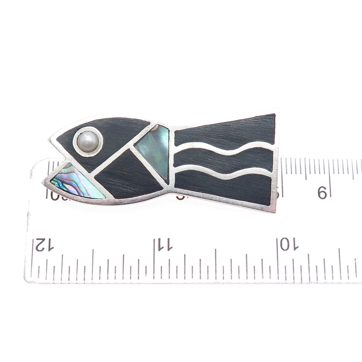 925 Sterling Silver Vintage Real Abalone Shell & Pearl Fish Pin Brooch