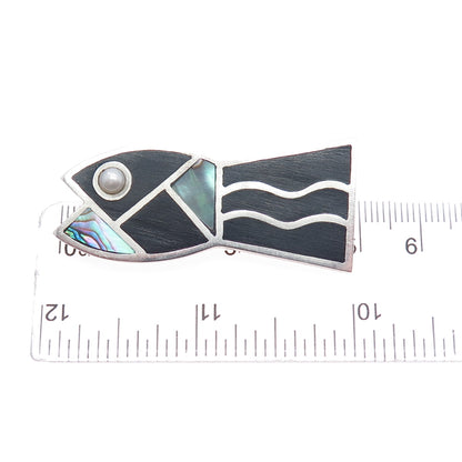 925 Sterling Silver Vintage Real Abalone Shell & Pearl Fish Pin Brooch