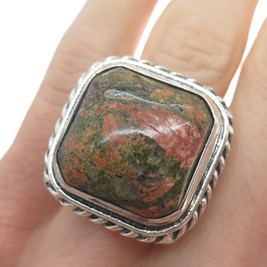 925 Sterling Silver Vintage Real Cushion-Cut Unakite Roped Bezel Ring Size 8.25