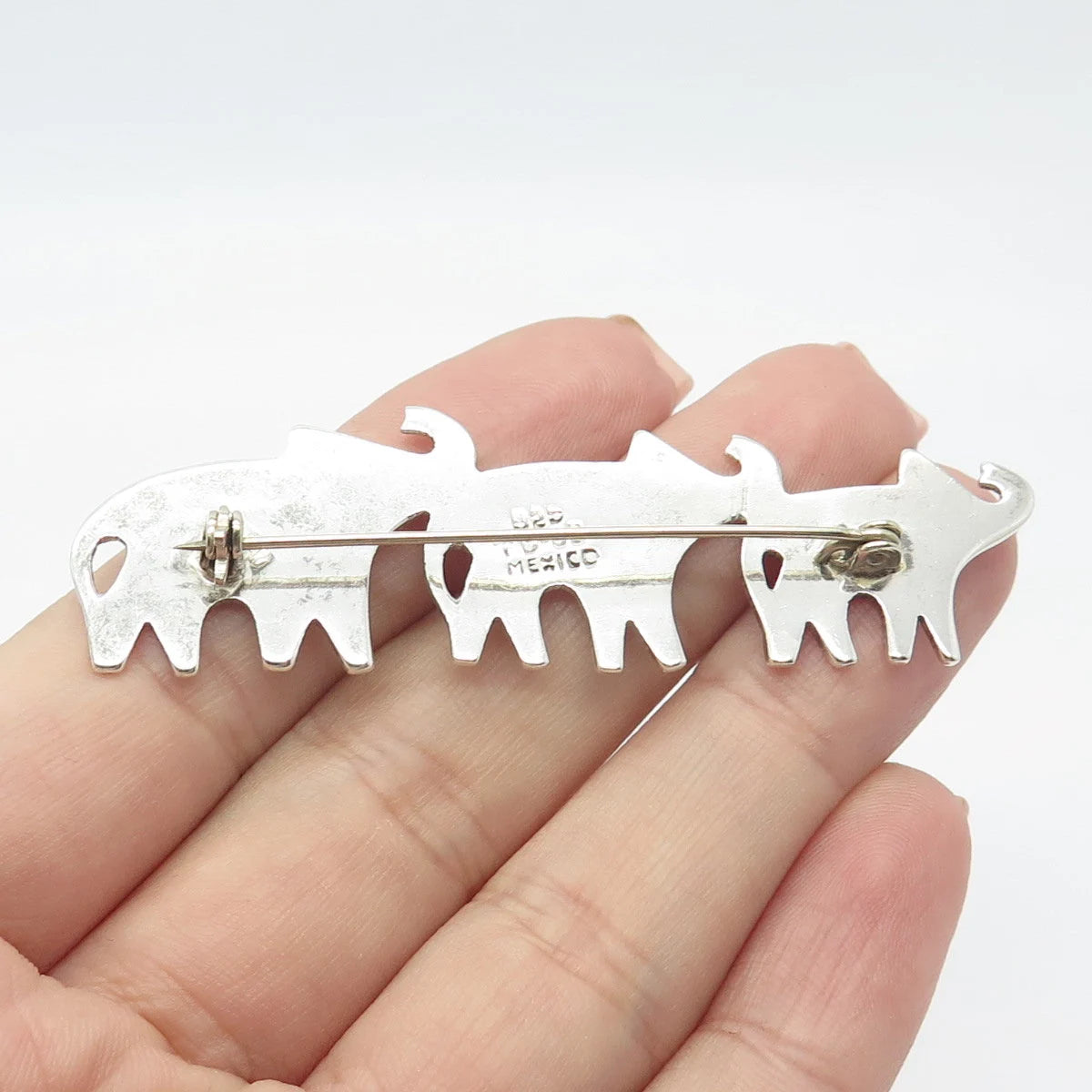 925 Sterling Silver Vintage Mexico Triple Elephant For Good Luck Pin Brooch