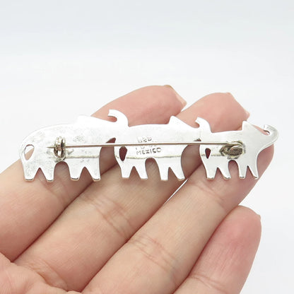 925 Sterling Silver Vintage Mexico Triple Elephant For Good Luck Pin Brooch