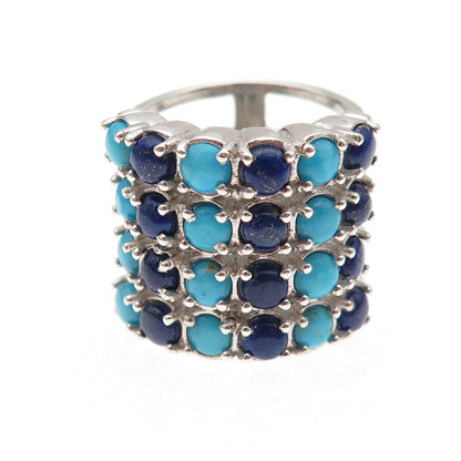 Chuck Clemency 925 Sterling Silver Real Turquoise & Lapis 4-Row Ring Size 8.25