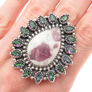 925 Sterling Vintage Real Pink Tourmaline & Mystic Topaz Adjustable Ring Size 8