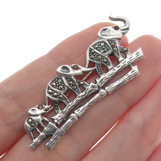 925 Sterling Silver Vintage Real Red Garnet & Marcasite Three-Elephant Brooch