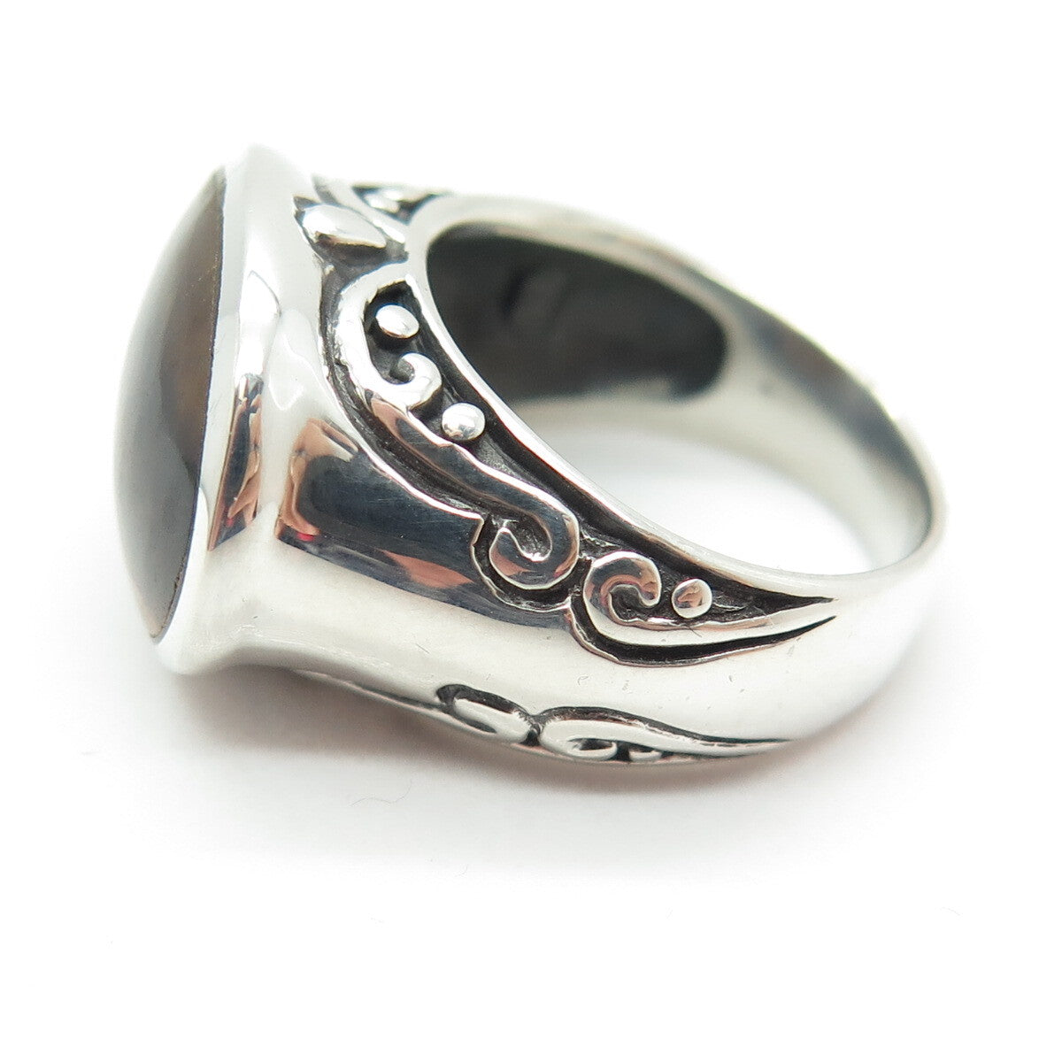 925 Sterling Silver Real Tiger Eye Gemstone Swirl Domed Ring Size 6