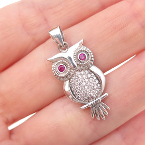 925 Sterling Silver Lab-Created Ruby & C Z Wise Owl Bird Charm Pendant