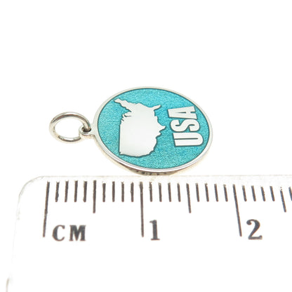 925 Sterling Silver Turquoise Enamel USA Map Round Tag Minimalist Charm Pendant