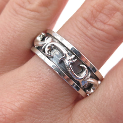 925 Sterling Silver Vintage Modernist Swirl Oxidized Rotating Band Ring Size 13