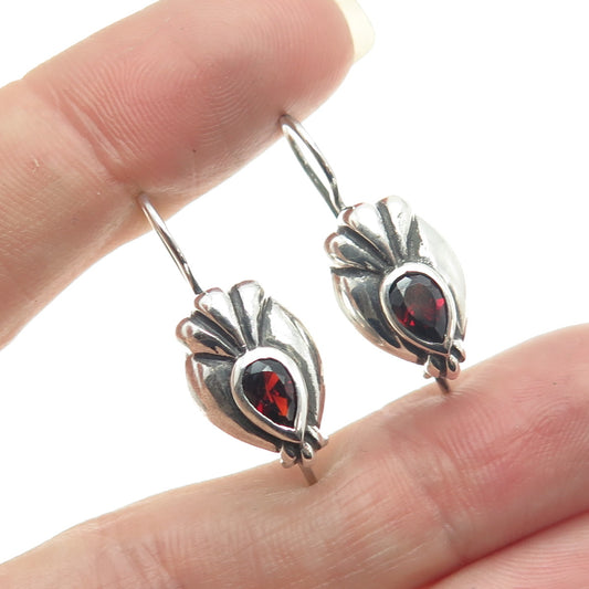 925 Sterling Silver Vintage Real Pear-Cut Red Garnet Oxidized Earrings