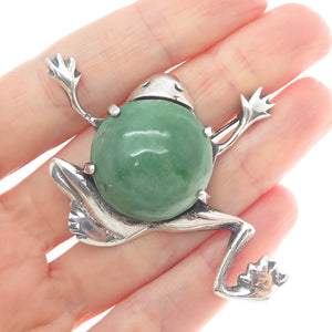 925 Sterling Silver Vintage Mexico Real Aventurine Frog Oxidized Pin Brooch