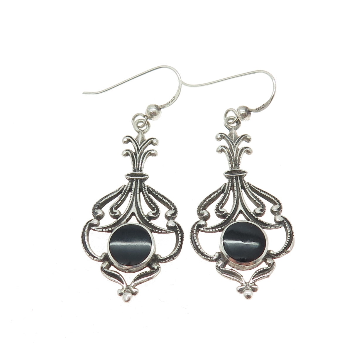 925 Sterling Silver Vintage Real Black Onyx Art Deco Style Dangle Earrings