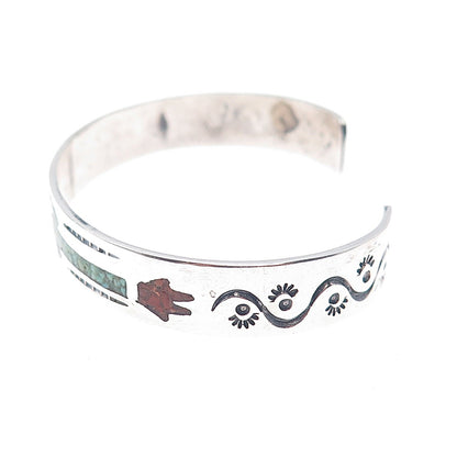 Robert Vandover Navajo Old Pawn 925 Sterling Turquoise Coral Inlay Bracelet 6.5"