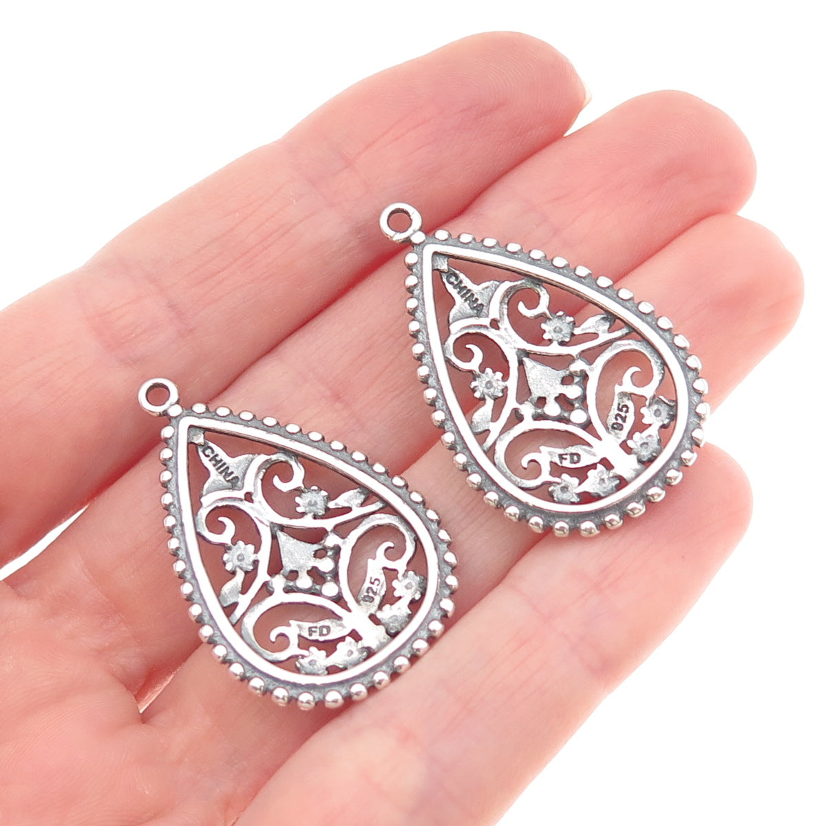 FD Felicia Design Sterling Silver Vintage Ornate Floral Oxidized Jacket Earrings
