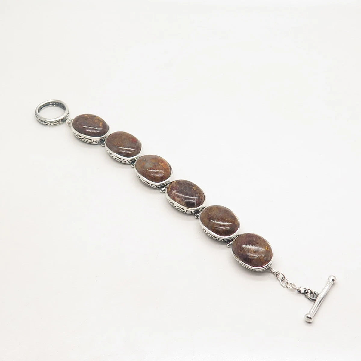 925 Sterling Silver Vintage Real Crazy Lace Agate Gem Tennis Link Bracelet 7.25"