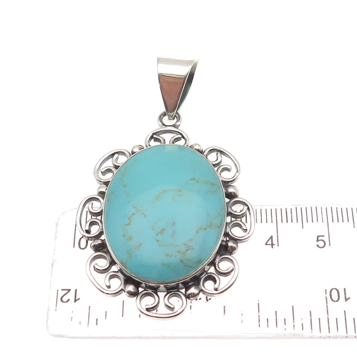 925 Sterling Silver Vintage Mexico Real Tyrone Turquoise Ornate Pendant