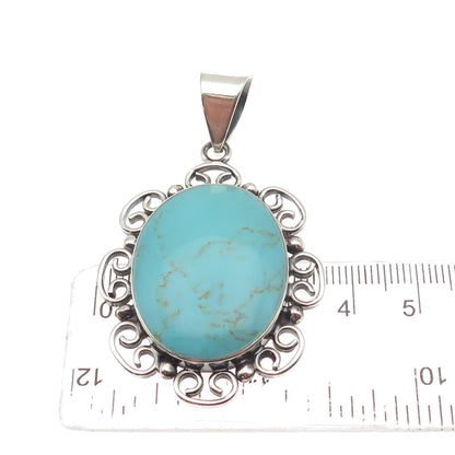 925 Sterling Silver Vintage Mexico Real Tyrone Turquoise Ornate Pendant