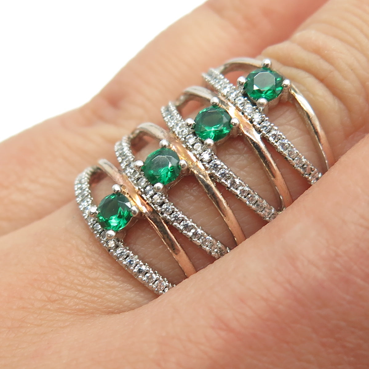 925 Sterling Silver 2-Tone Chrome Diopside & C Z Multi-Row Spine Ring Size 6.75