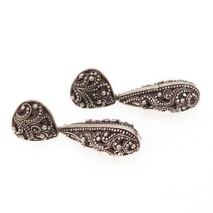 Lois Hill 925 Sterling Silver Vintage Granulated Scroll Teardrop Dangle Earrings