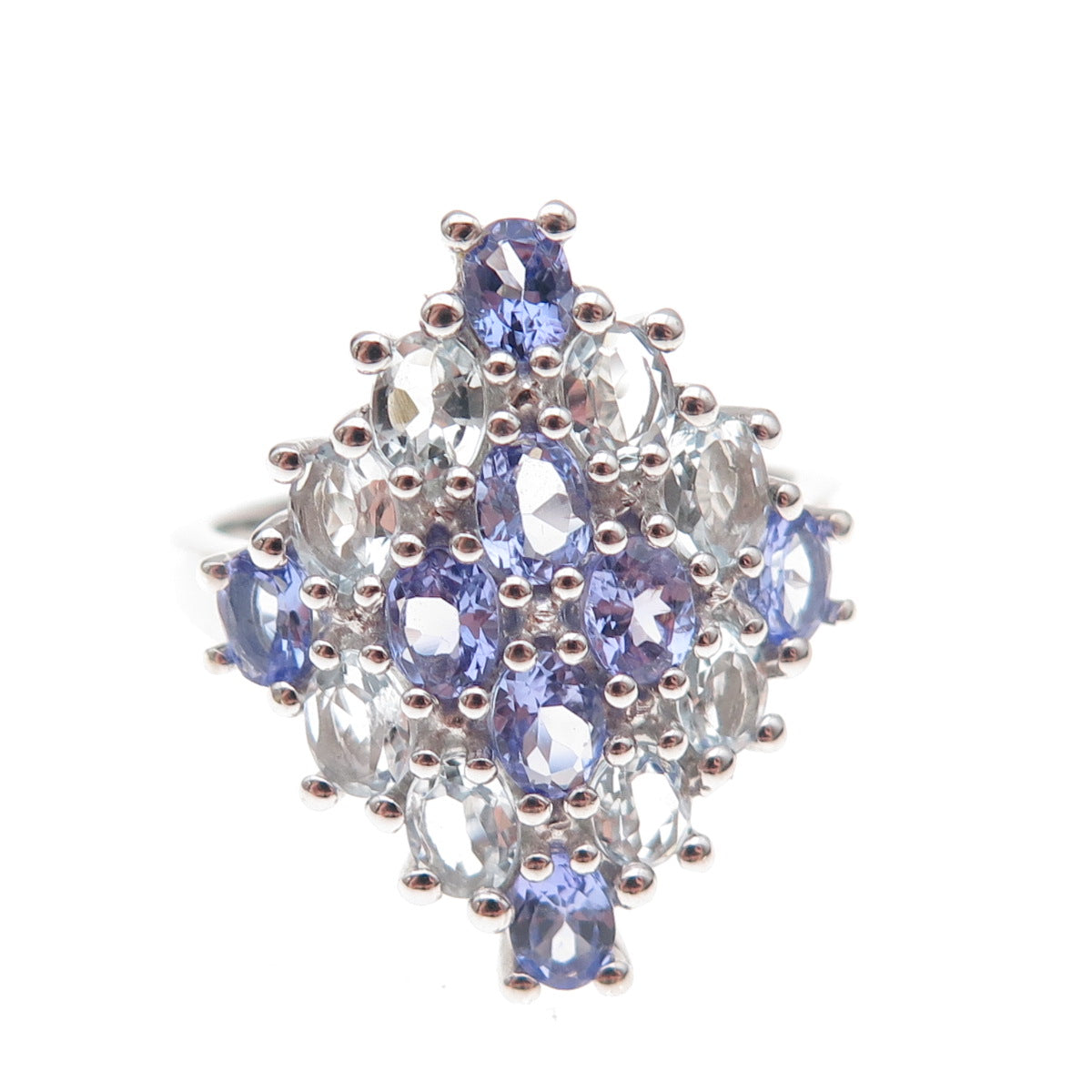 925 Sterling Silver Real Tanzanite & Blue Topaz Cluster Ring Size 8