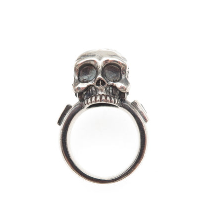 925 Sterling Silver Vintage Real Blue Topaz Skull Oxidized Ring Size 6