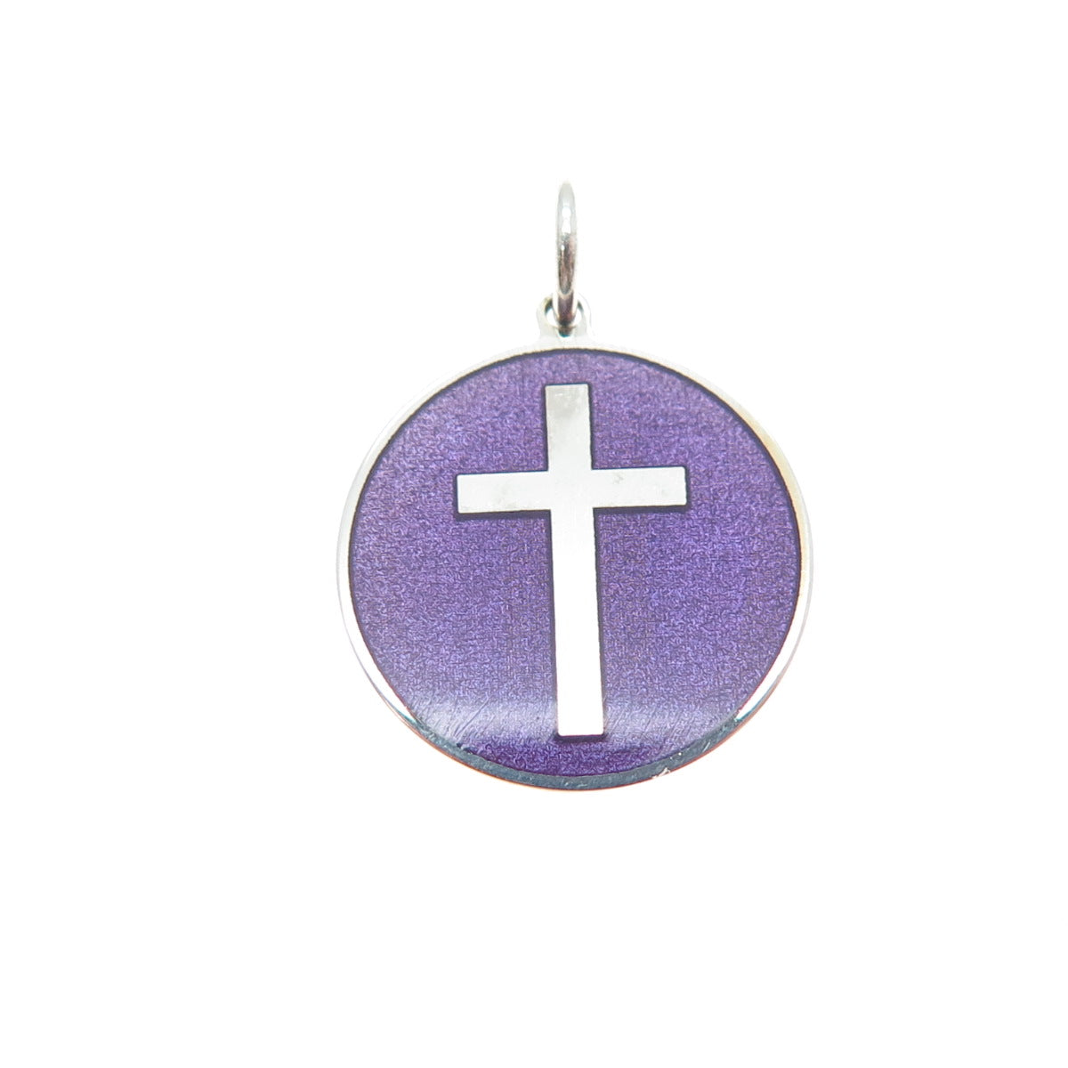 925 Sterling Silver Purple Enamel Cross Round Tag Minimalist Charm Pendant