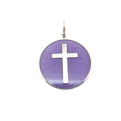925 Sterling Silver Purple Enamel Cross Round Tag Minimalist Charm Pendant