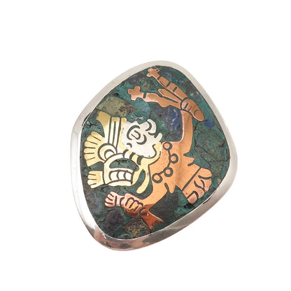 Los Ballesteros 925 Sterling 3-Tone Vintage Mexico Real Azurite Warrior Brooch