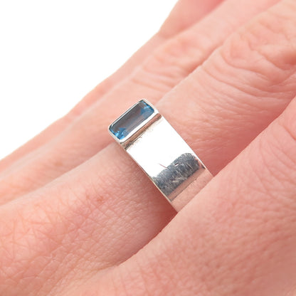 925 Sterling Silver Vintage Real Emerald-Cut Blue Topaz Band Ring Size 9