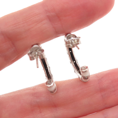 925 Sterling Silver Enamel & C Z Bamboo Hoop Earrings