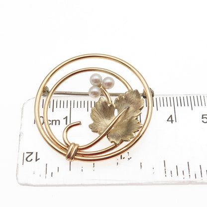 Krementz Gold Filled Vintage Real Pearl Floral Leaf Pin Brooch