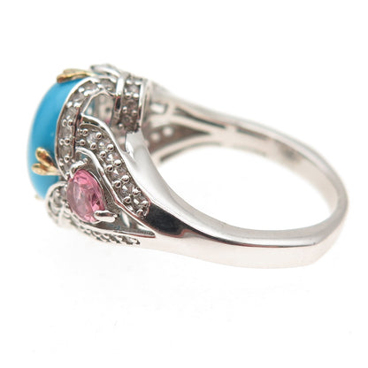 925 Sterling 2-Tone Real Turquoise Pink Amethyst White Topaz Ring Size 8.25