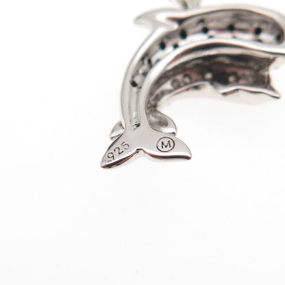 925 Sterling Silver Real Black & White Diamond Dolphin Cable Chain Necklace 18"