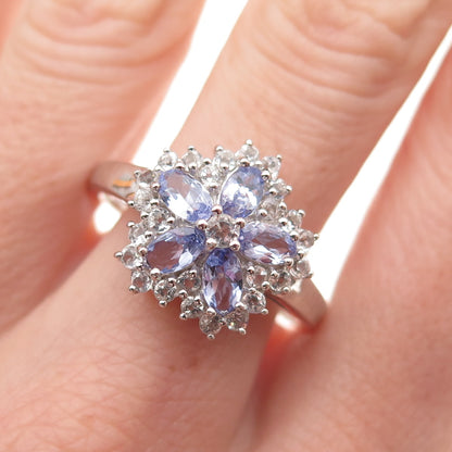 Savoy 925 Sterling Silver Real Tanzanite & White Topaz Floral Ring Size 11.25